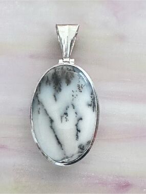 Artisan Handcrafted White and Black Dendritic Agate Oval Pendant in Silver